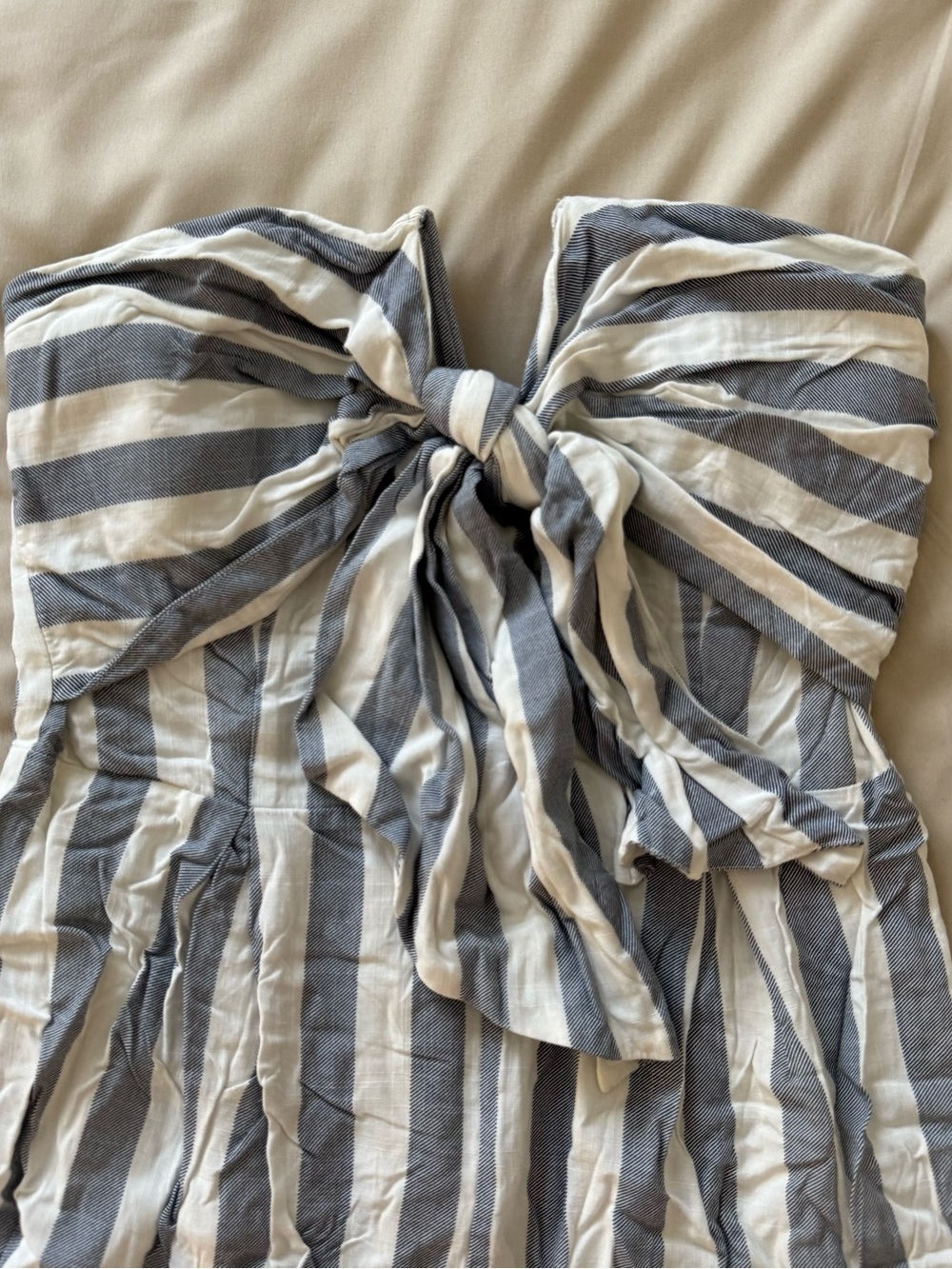 Striped Blue and White Tie-Front Strapless Romper - Picture 2 of 6